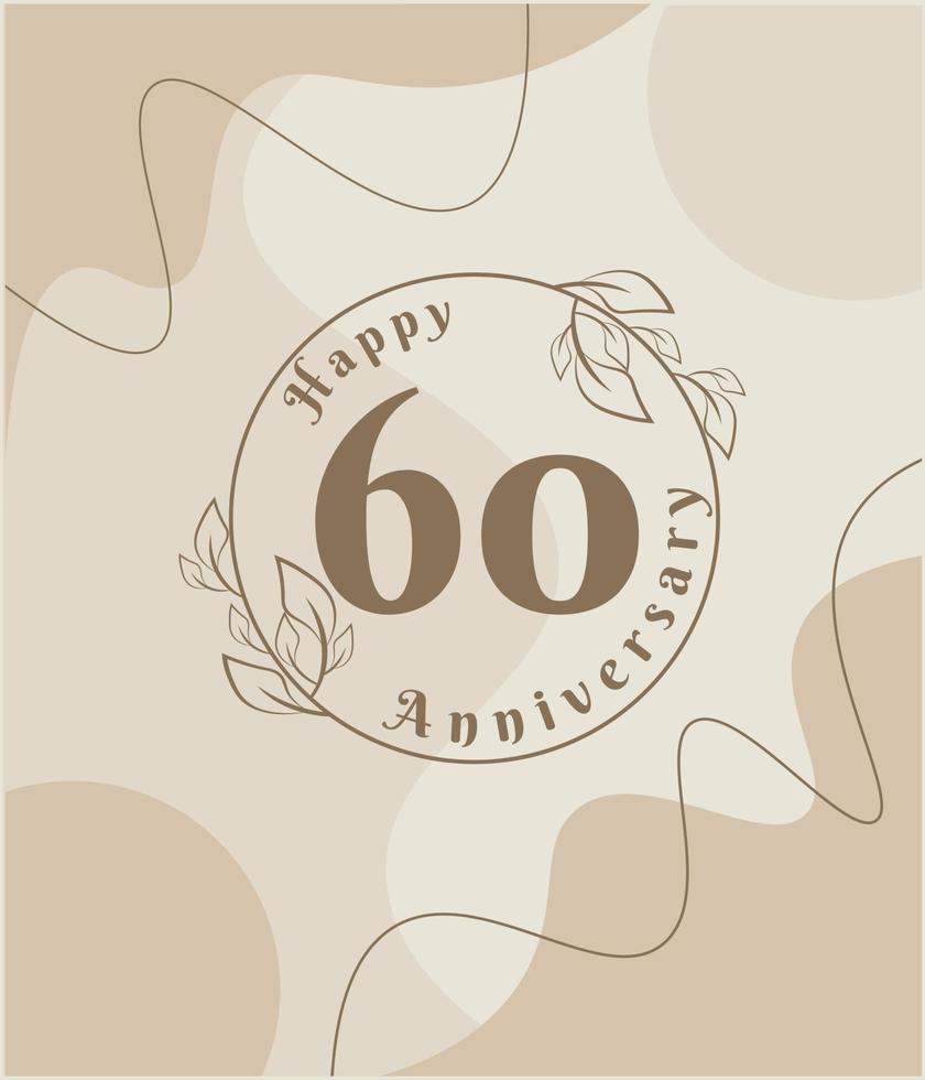 60e anniversaire, logo minimaliste. illustration vectorielle marron sur la conception de modèle de feuillage minimaliste, feuilles dessin à l'encre d'art en ligne avec fond vintage abstrait. vecteur