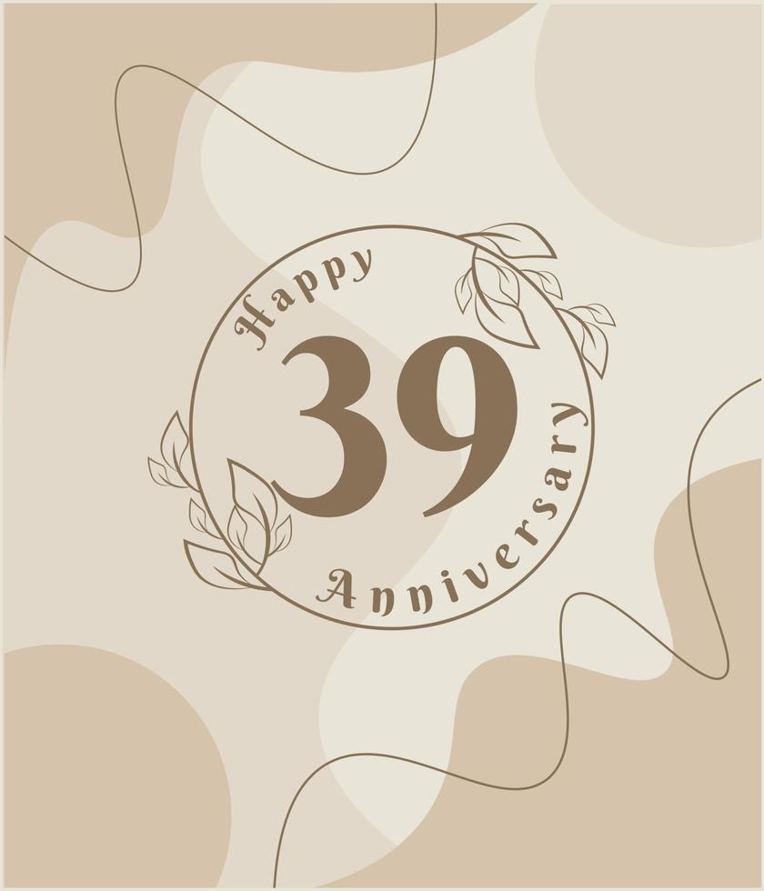 39e anniversaire, logo minimaliste. illustration vectorielle marron sur la conception de modèle de feuillage minimaliste, feuilles dessin à l'encre d'art en ligne avec fond vintage abstrait. vecteur