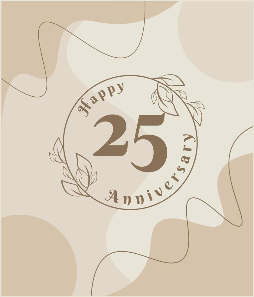 25 ans, logo minimaliste. illustration vectorielle marron sur la conception de modèle de feuillage minimaliste, feuilles dessin à l'encre d'art en ligne avec fond vintage abstrait. vecteur