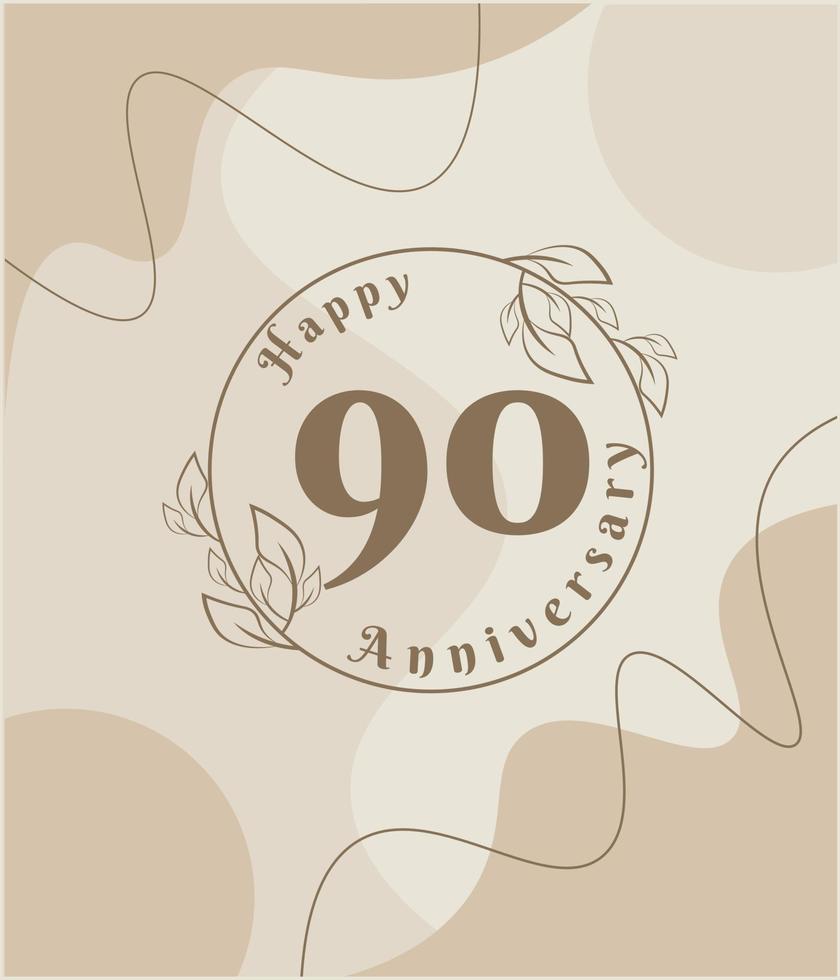 90 ans, logo minimaliste. illustration vectorielle marron sur la conception de modèle de feuillage minimaliste, feuilles dessin à l'encre d'art en ligne avec fond vintage abstrait. vecteur
