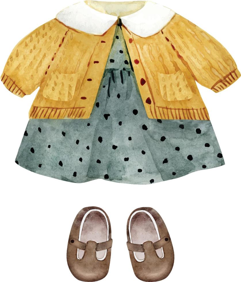 robe de vêtements et chaussures pour une fille dans un style vintage, illustration aquarelle. vecteur