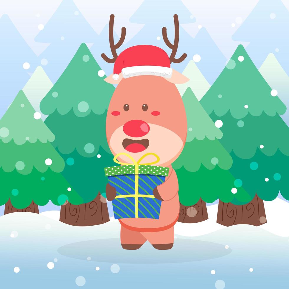 joli personnage de Noël renne tenant un cadeau vecteur