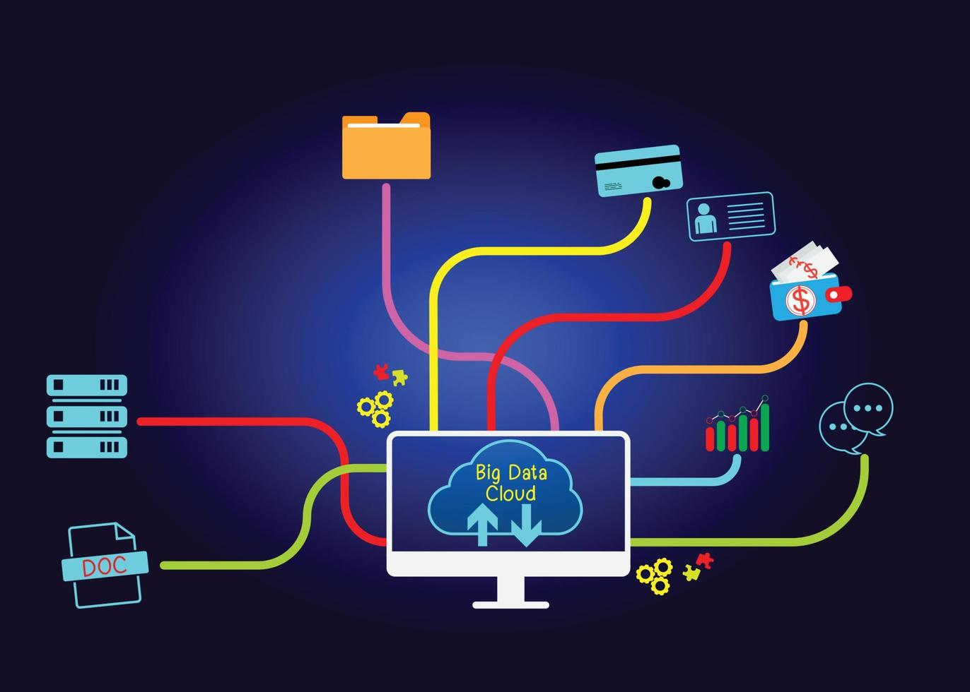 concept d'icône cloud d'accès aux données volumineuses, connexion au réseau mondial, recherche de données, utilisation de ressources informatiques pour effectuer des transactions avec la technologie Internet en ligne et protection des données de cybersécurité. vecteur