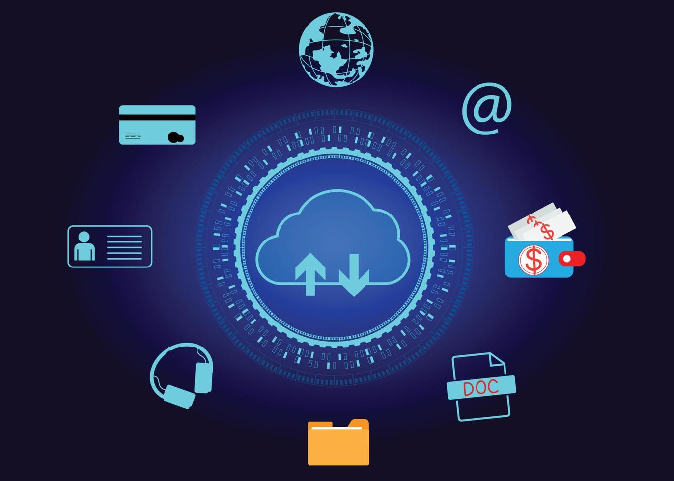 concept d'icône cloud d'accès aux données volumineuses, connexion au réseau mondial, recherche de données, utilisation de ressources informatiques pour effectuer des transactions avec la technologie Internet en ligne et protection des données de cybersécurité. vecteur