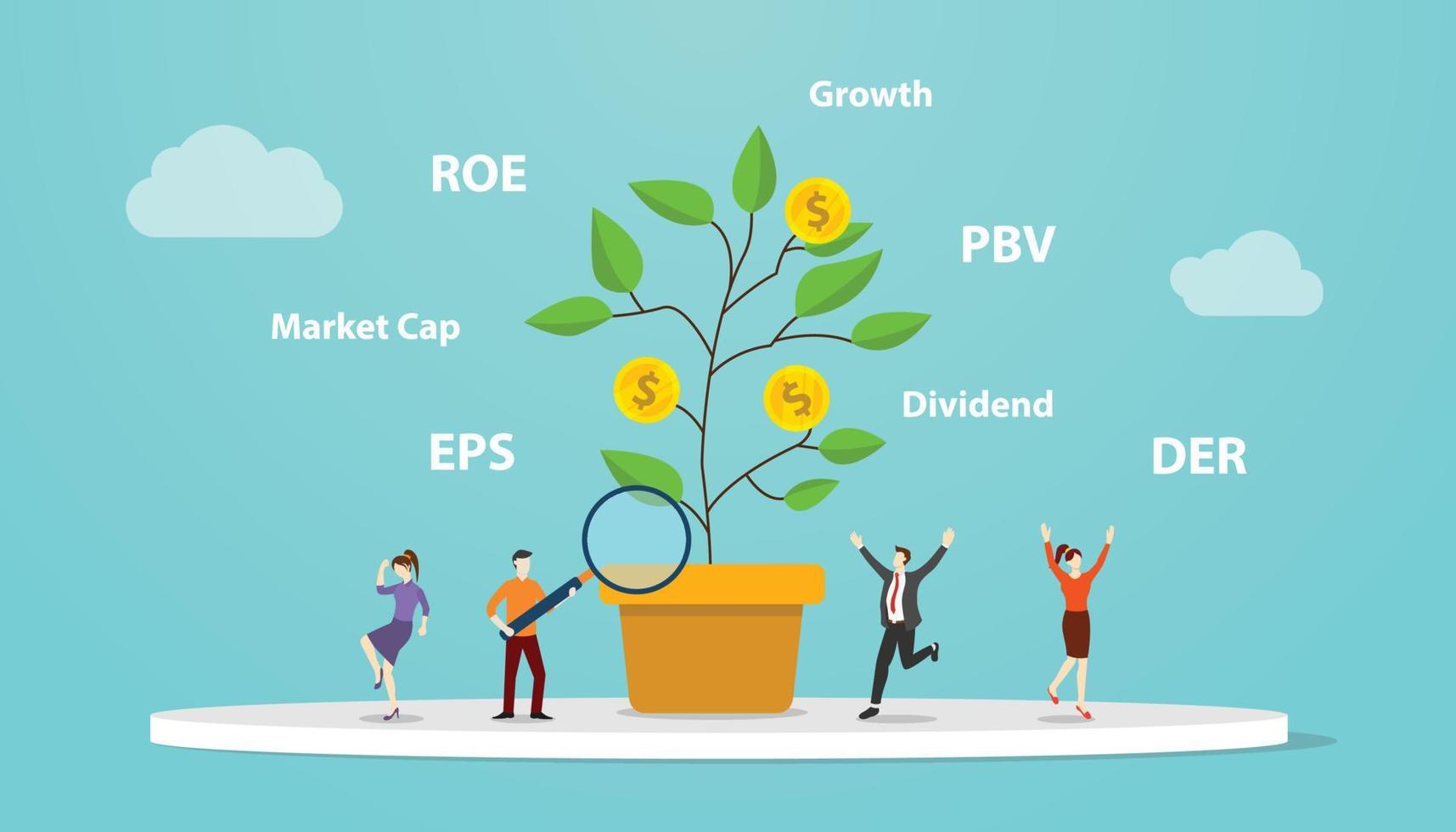 concept d'investissement de valeur avec croissance de grands arbres avec analyse d'entreprise de ratio comme pbv eps der avec style plat moderne vecteur