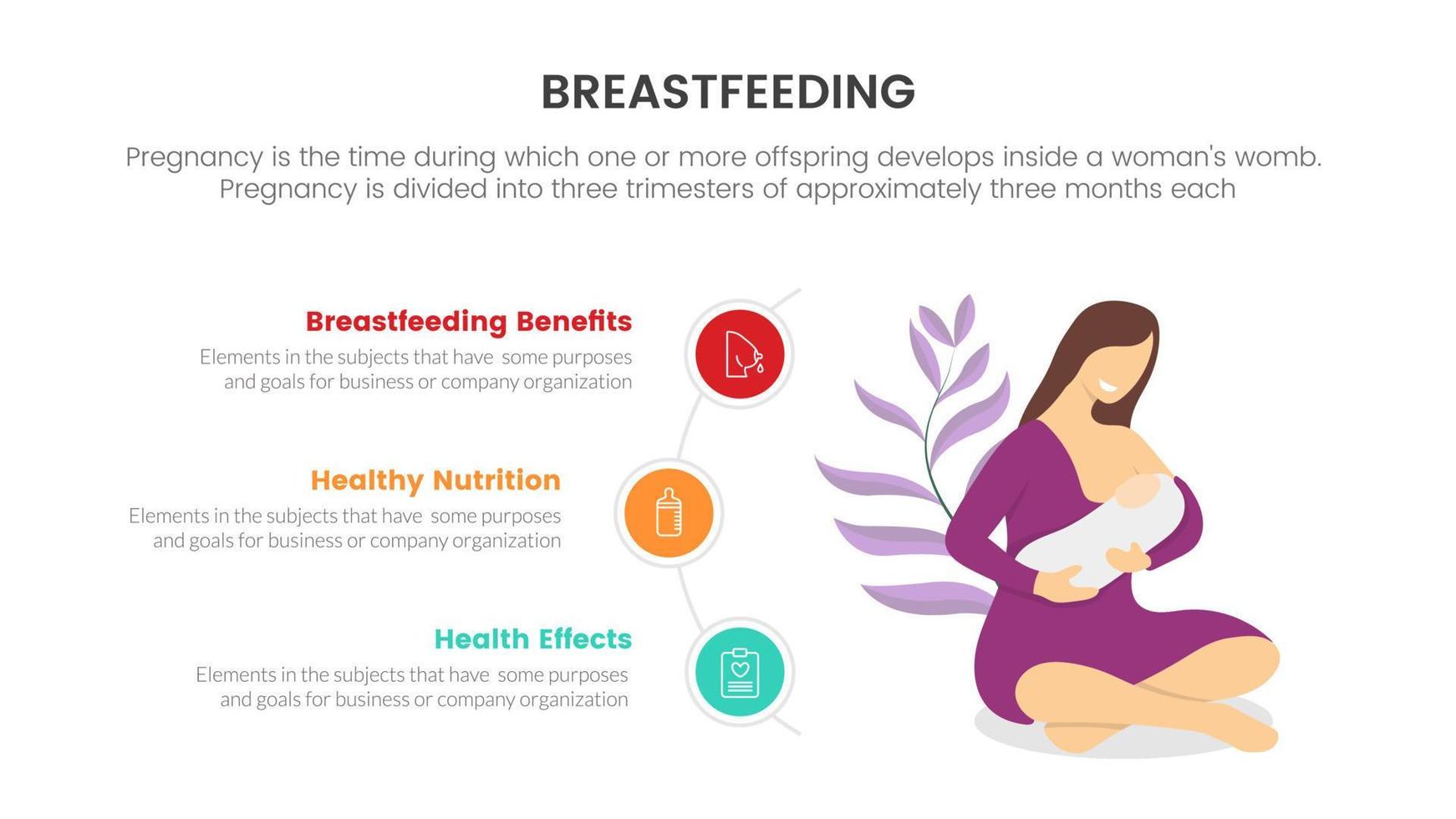 concept infographique d'allaitement enceinte ou de grossesse pour présentation de diapositives avec liste en 3 points vecteur