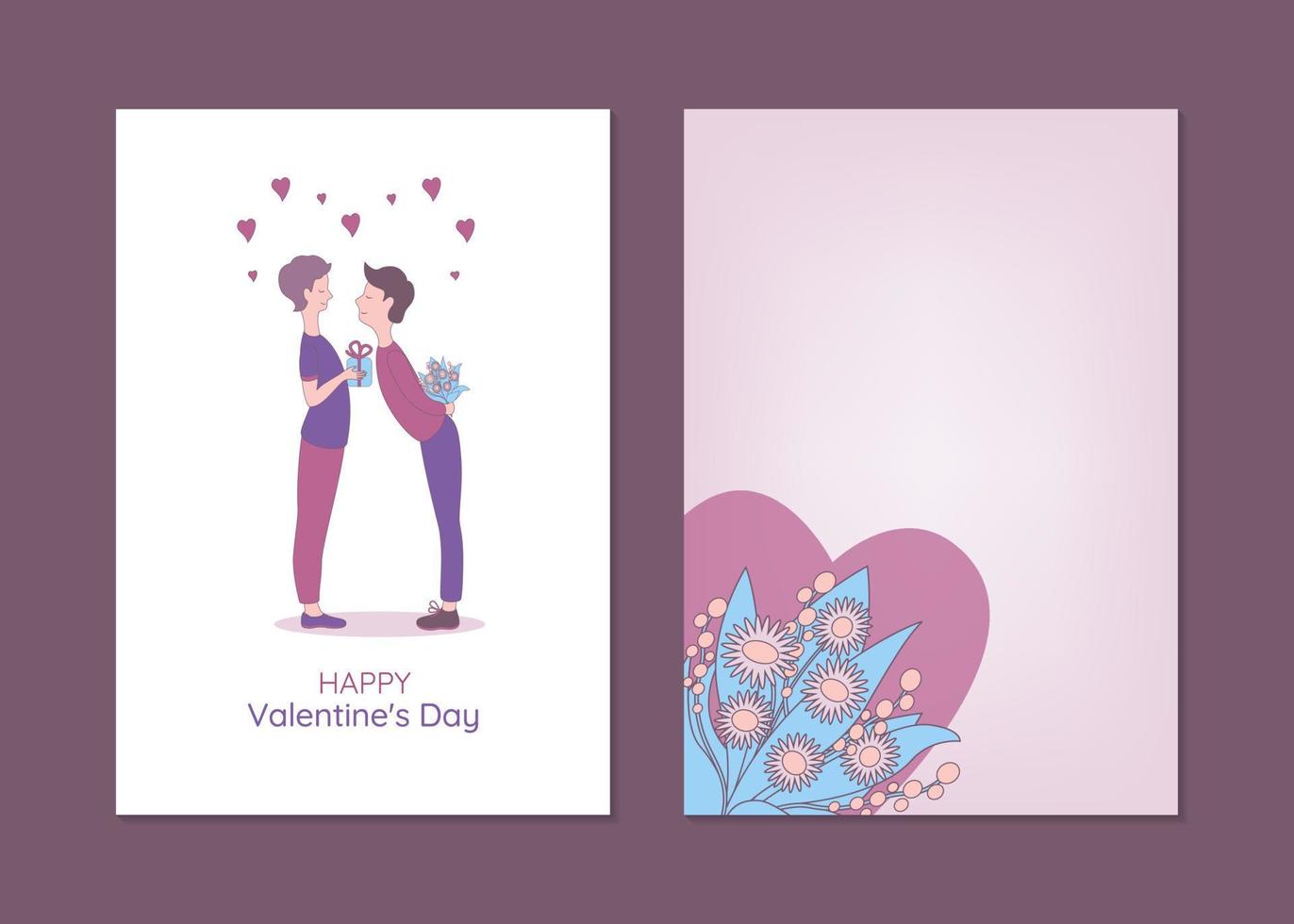 modèles de cartes de voeux saint valentin avec des personnes lgbtq. illustration vectorielle dessinée à la main d'un couple gay échangeant des cadeaux. vecteur