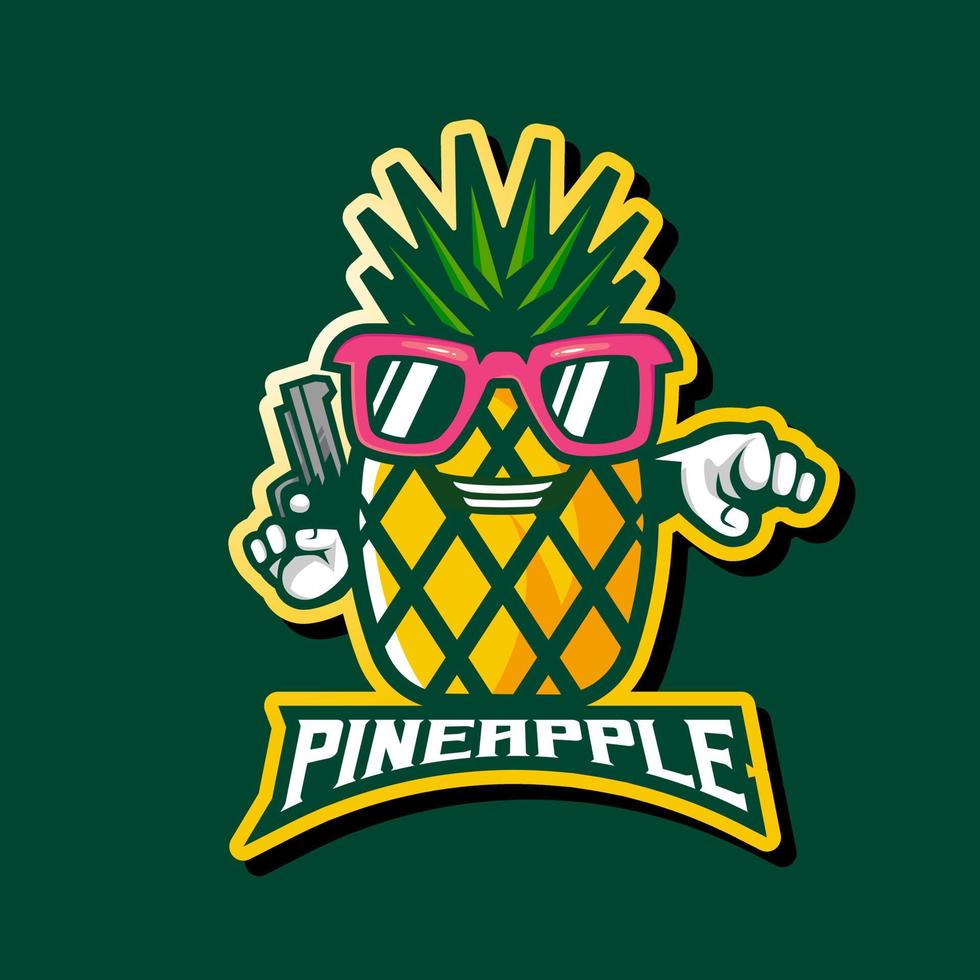 ananas tenant l'icône de dessin animé de logo de mascotte de pistolet vecteur