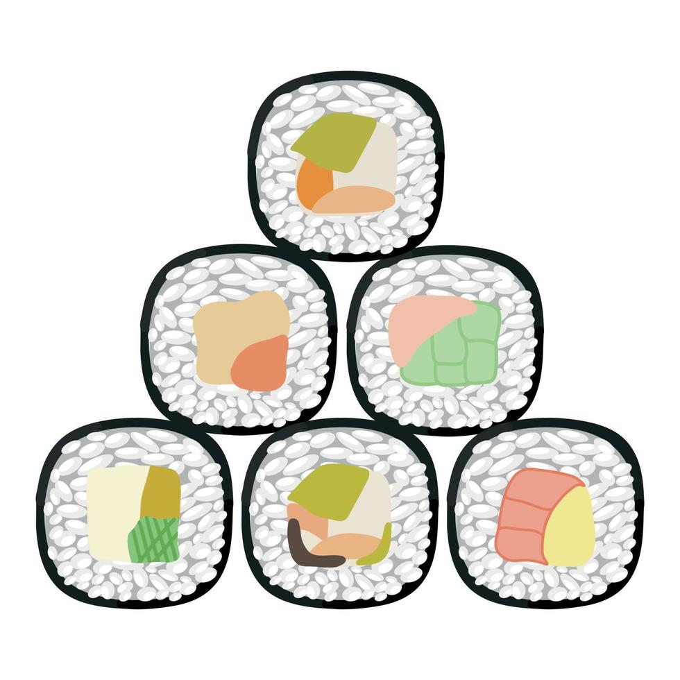 jeu d'icônes vectorielles de délicieux rouleaux de sushi colorés. collection de différentes saveurs et sortes. cuisine japonaise traditionnelle. groupe asiatique de fruits de mer. modèle pour restaurant de sushi, café, livraison ou votre entreprise vecteur