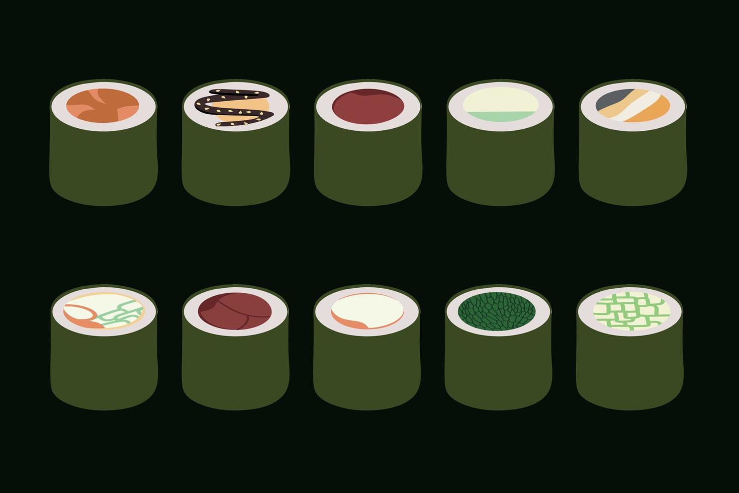un ensemble d'icônes vectorielles de délicieux rouleaux de sushi colorés. cuisine japonaise traditionnelle. groupe asiatique de fruits de mer. style plat vecteur