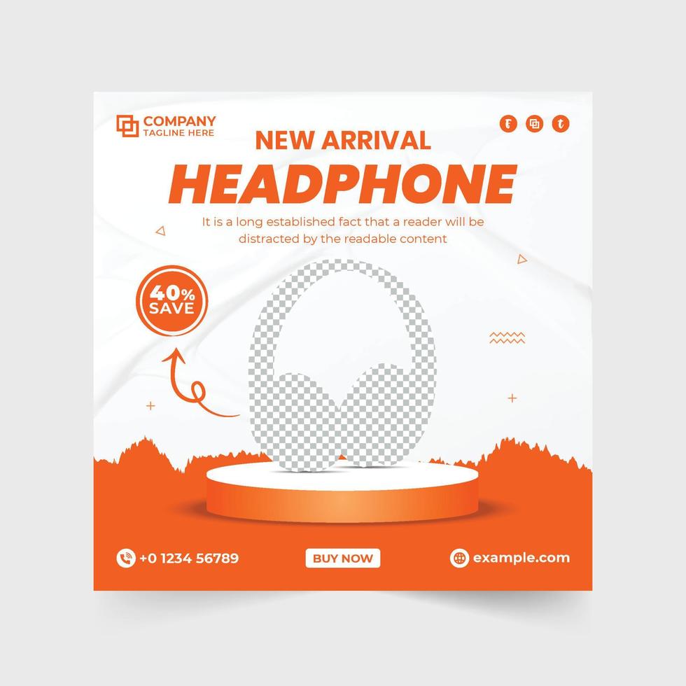 nouveau modèle de vente de casque d'arrivée pour la promotion des médias sociaux. conception de modèle de casque avec des couleurs orange et rouges pour le marketing. conception de bannière web de promotion de marque de casque avec des formes abstraites. vecteur