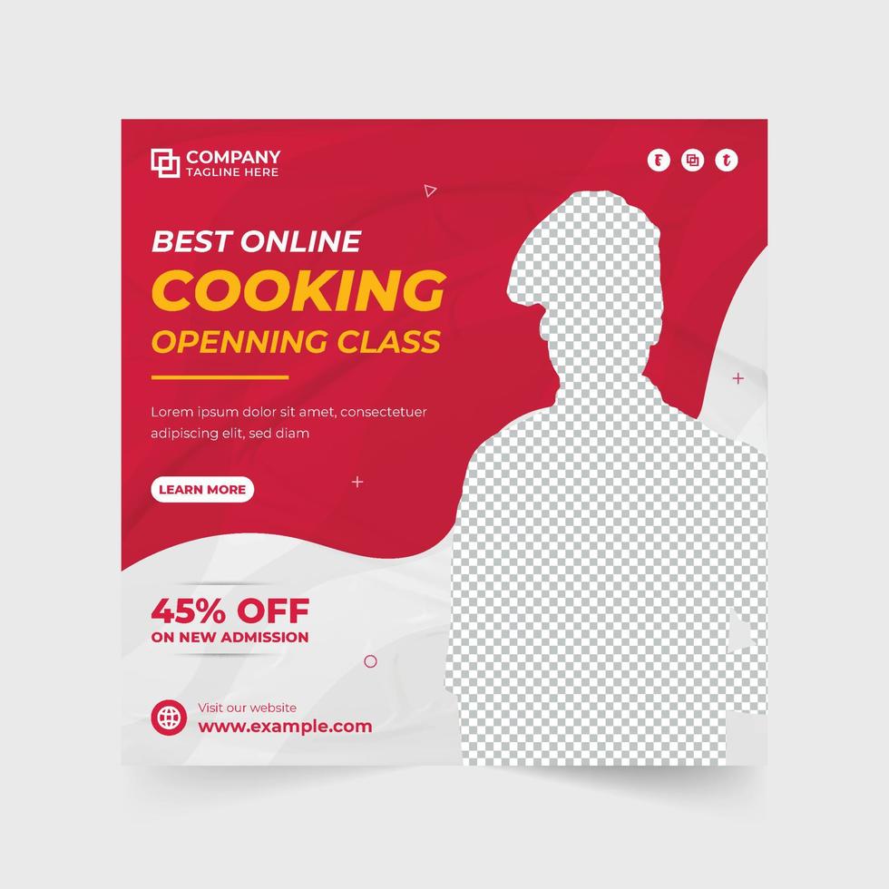 conception de bannières web promotionnelles de cours de cuisine spéciale pour le marketing numérique. vecteur de publication de médias sociaux de classe culinaire pour la formation en cuisine. conception d'affiche de cours de cuisine en ligne avec des couleurs jaunes et bleues