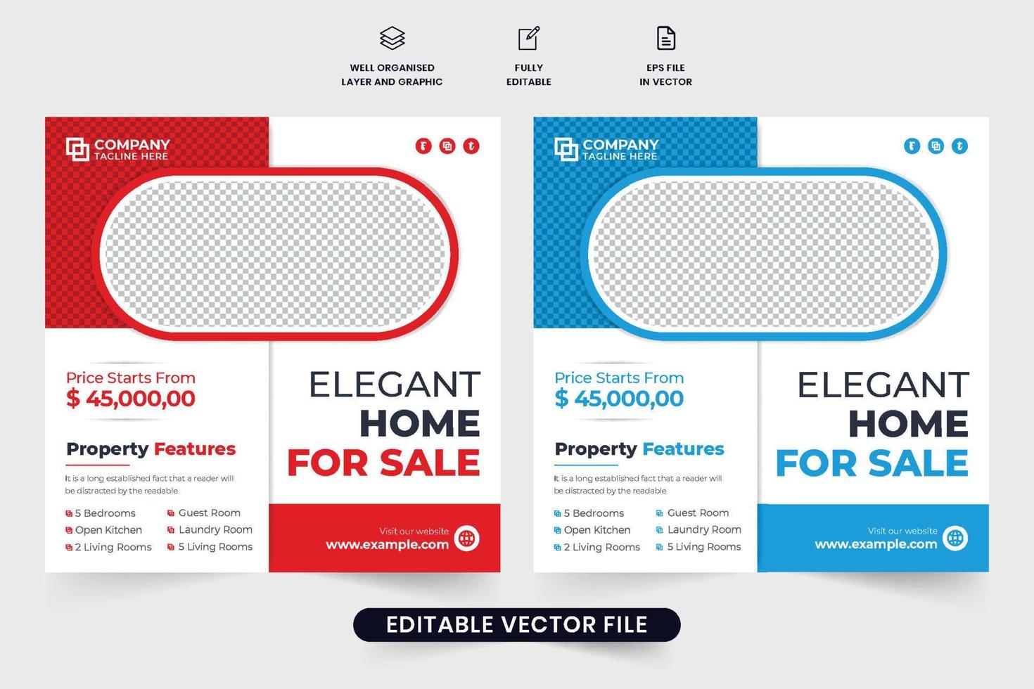 conception de modèle d'entreprise de vente à domicile avec des espaces réservés pour photo. vecteur de publication de médias sociaux de vente de propriété de maison avec des formes créatives. conception d'affiche de promotion de société immobilière avec des couleurs rouges et bleues.