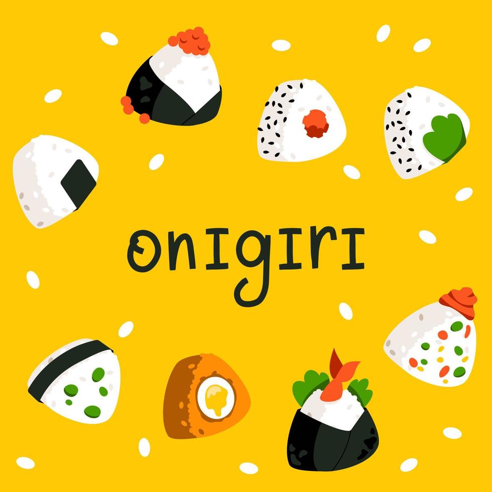 un ensemble d'onigiri. nourriture de riz asiatique. restauration rapide japonaise. onigiri avec diverses garnitures vecteur