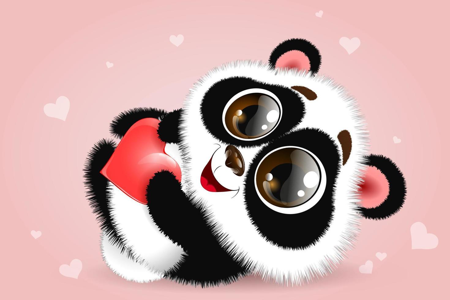 mignon petit panda de dessin animé moelleux allongé sur le dos avec un coeur rouge dans ses pattes vecteur