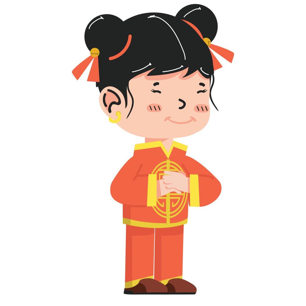pose de salutation de dessin animé fille enfant chinois vecteur
