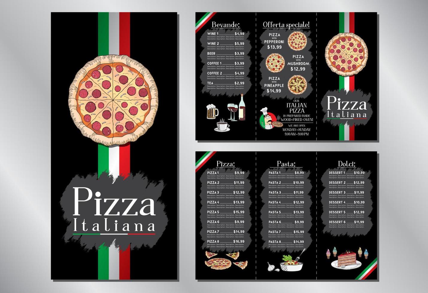 modèle de menu de restaurant de pizza italienne vecteur