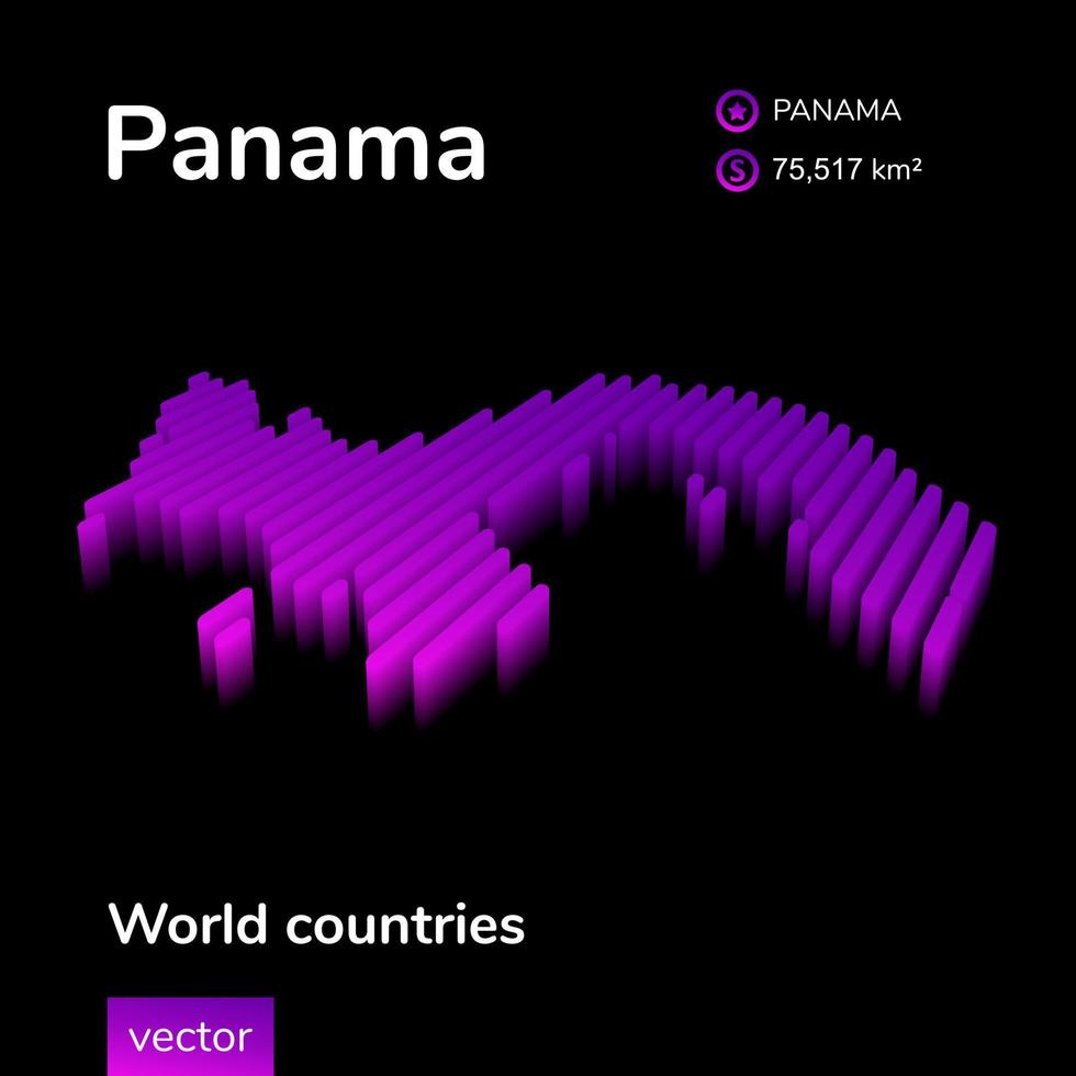 carte panama 3d. la carte vectorielle à rayures isométriques numériques simples au néon stylisé du panama est en couleurs violettes sur fond noir. bannière éducative vecteur