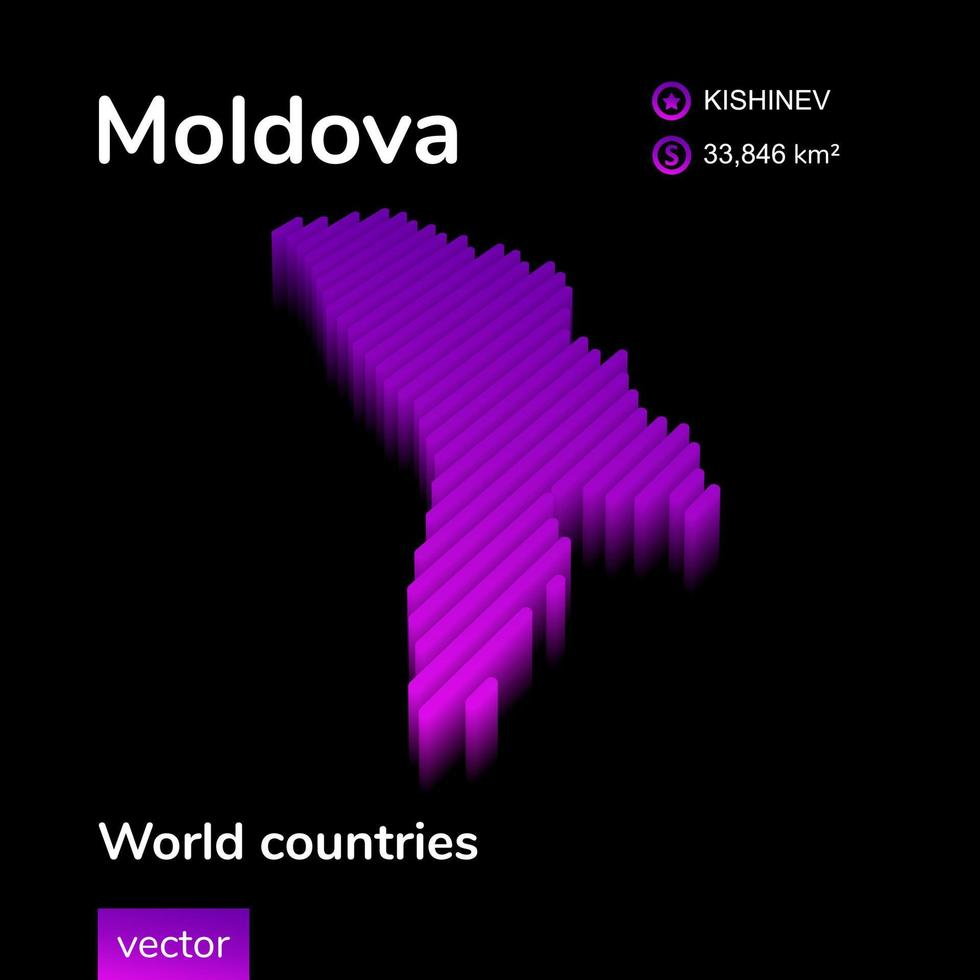 carte 3d de la moldavie. carte vectorielle rayée isométrique numérique néon stylisée dans des couleurs violettes et roses sur fond noir vecteur