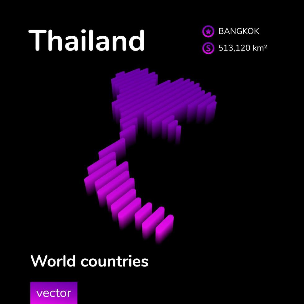 carte 3d de la thaïlande. la carte vectorielle à rayures isométriques numériques simples au néon stylisé de la thaïlande est des couleurs inviolet sur fond noir. bannière éducative. vecteur