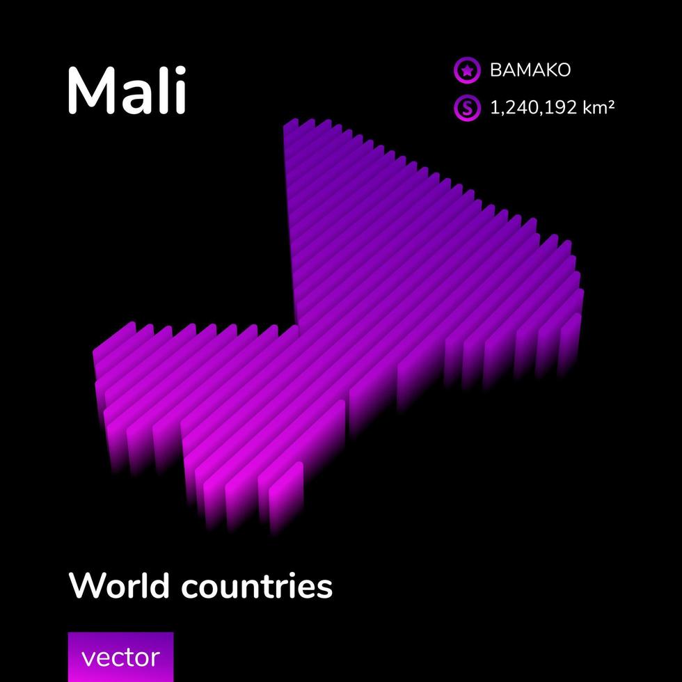 carte mali 3d. carte 3d vectorielle isométrique à rayures néon stylisées. la carte du mali est en violet et rose sur fond noir vecteur