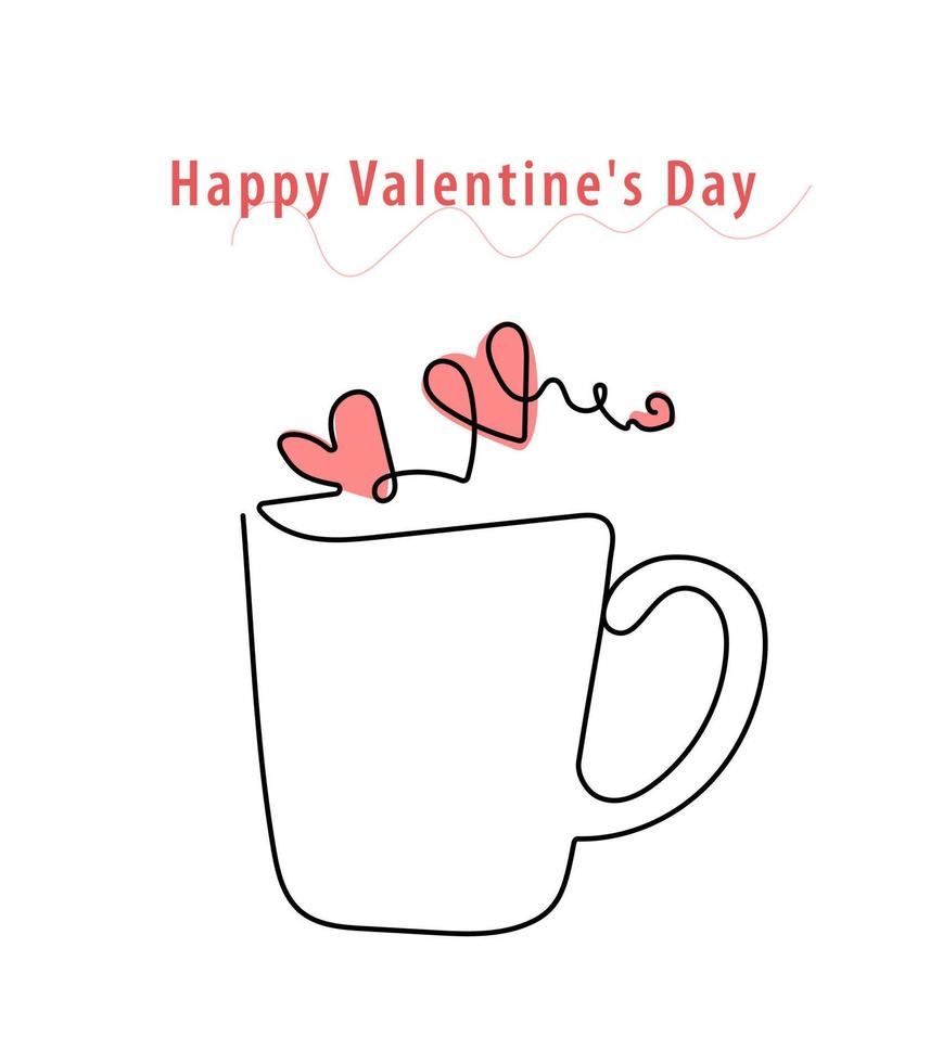 carte postale de la saint valentin. tasse lineart avec des coeurs. illustration de tasse à une seule ligne pour carte postale, brochure, affiche vecteur