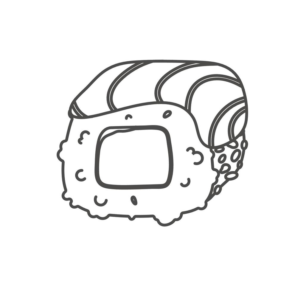 doodle sushi roll au sésame, cuisine japonaise. icône de style dessin animé de rouleau de sushi. sushi isolé sur fond blanc. sushi de dessin animé de vecteur. logo, icône. rouleaux de sushi de style dessin à la main. nourriture asiatique vecteur