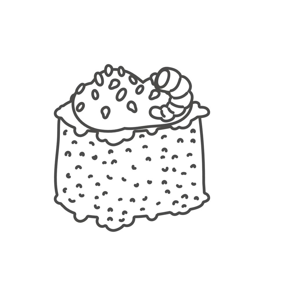 doodle sushi roll au sésame, cuisine japonaise. icône de style dessin animé de rouleau de sushi. sushi isolé sur fond blanc. sushi de dessin animé de vecteur. logo, icône. rouleaux de sushi de style dessin à la main. nourriture asiatique vecteur