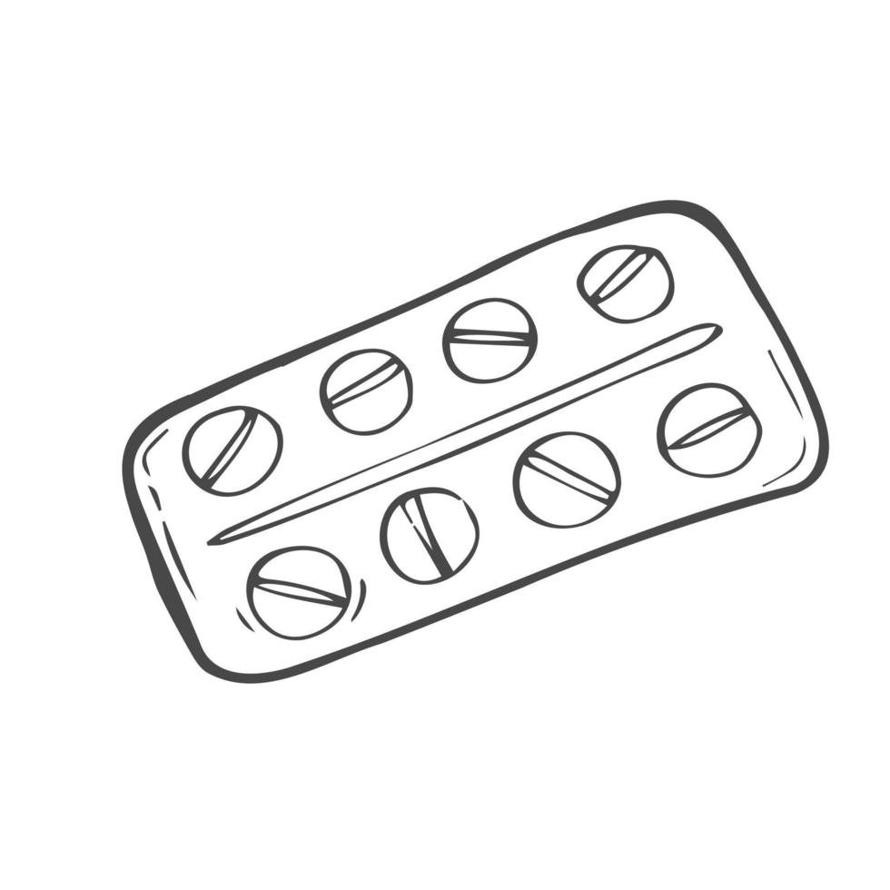 paquet de blister de pilules de croquis de vecteur isolé sur fond blanc. icône de pilules dessinées à la main. illustration médicale de griffonnage. pour l'impression, le web, le design, la décoration, le logo.