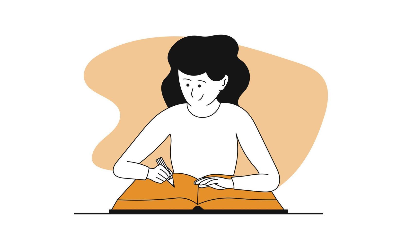 femme apprenant l'illustration de concept de vecteur. éducation en ligne et étude des étudiants. caractère et connaissance d'Internet. étudier sur le livre et la formation féminine. informations sur le cours et leçon sur manuel vecteur