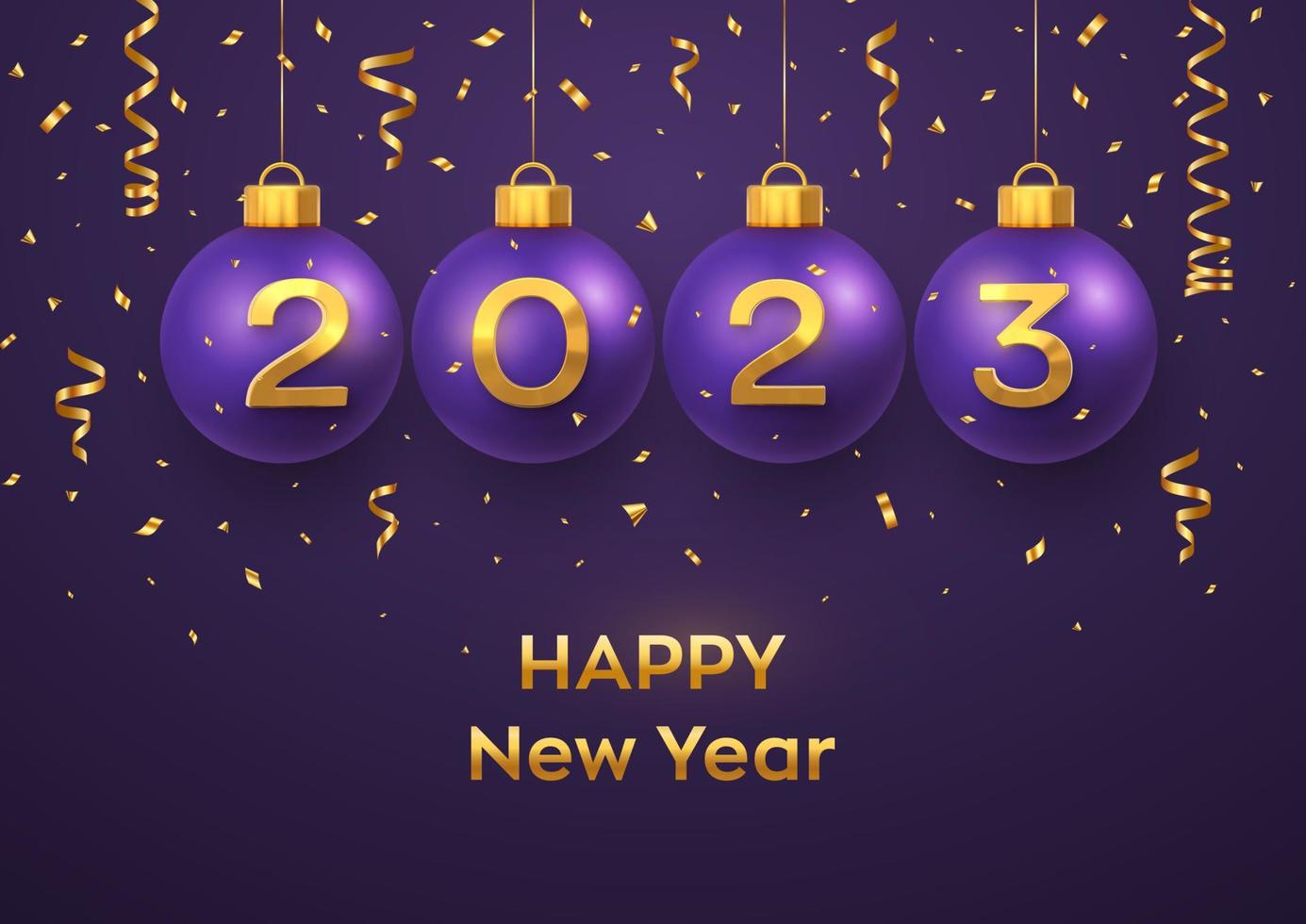 bonne année 2023. accrocher des boules de boules de noël violettes avec des numéros 3d dorés réalistes 2023, des confettis scintillants. carte de voeux. affiche de vacances de noël et du nouvel an, bannière, flyer. illustration vectorielle vecteur