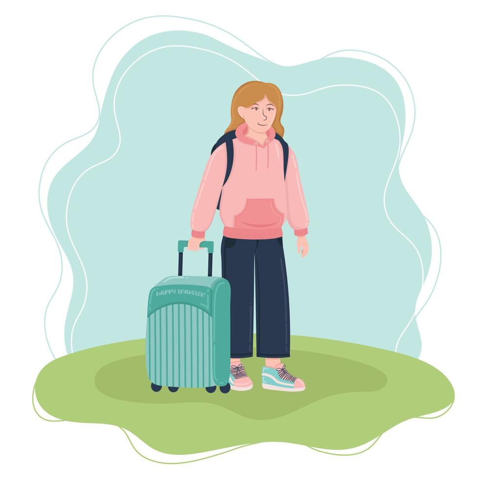 doodle clipart plat. voyageur avec une valise sur un fond simple. tous les objets sont repeints. vecteur