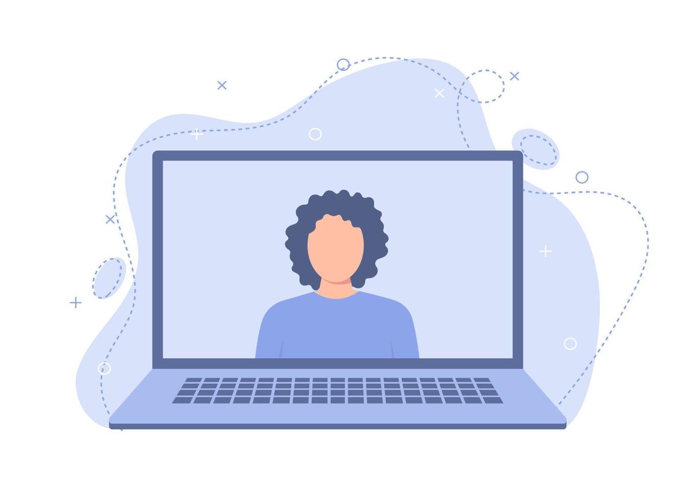 une femme gère une entreprise en ligne, tient des réunions et communique avec le personnel à l'aide d'un ordinateur portable vecteur