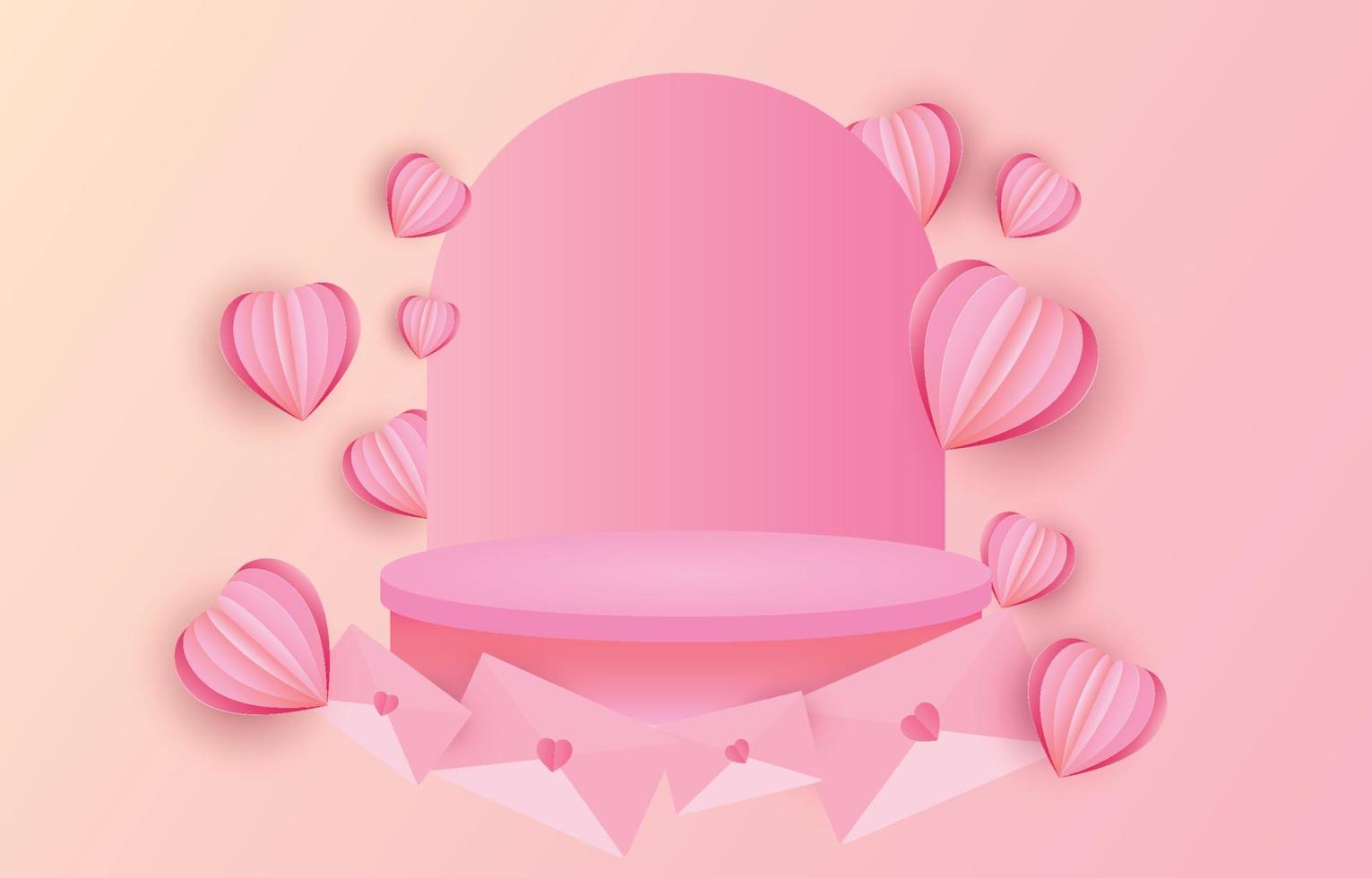 fond de concept de la saint-valentin. podium d'illustration vectorielle décoré d'enveloppe. coeurs coupés en papier doux et rose avec socle rond. jolie bannière ou carte de voeux de vente d'amour vecteur