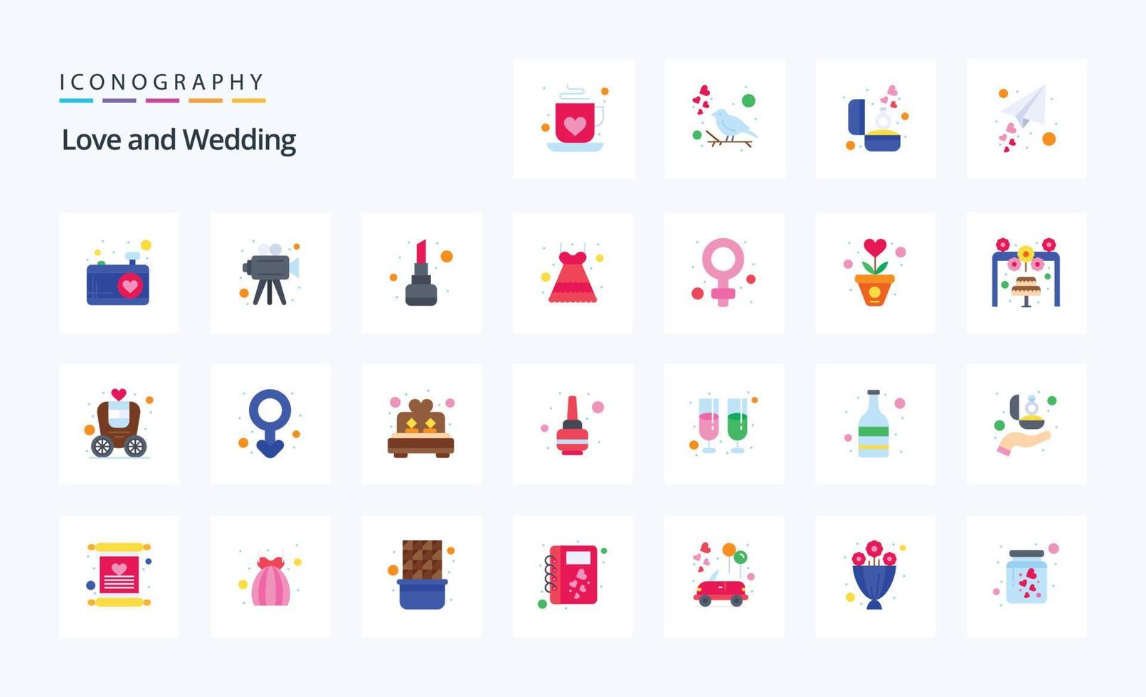 25 pack d'icônes de couleur plate de mariage vecteur