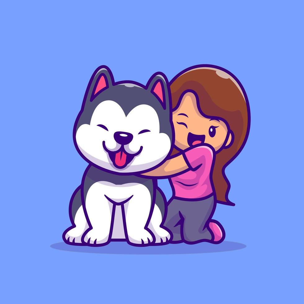 jolie fille avec illustration d'icône de vecteur de dessin animé de chien husky. concept d'icône d'animal de personnes isolé vecteur premium. style de dessin animé plat