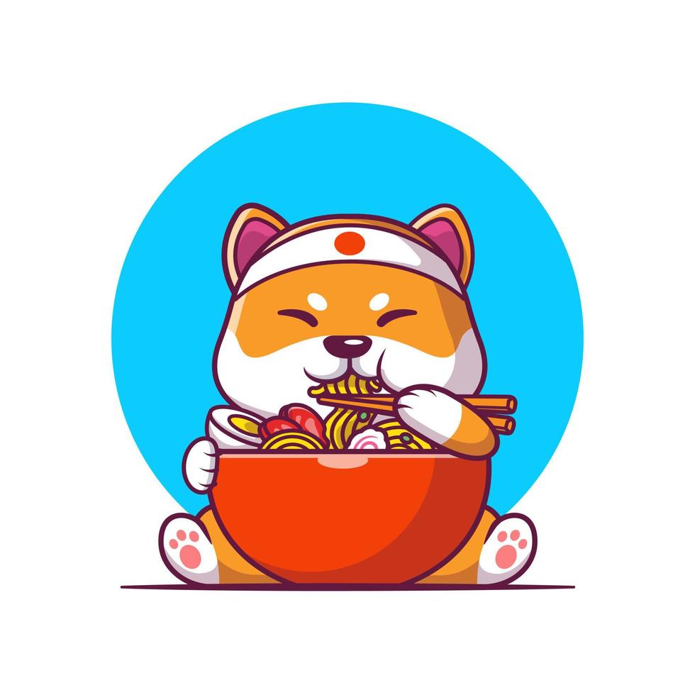 mignon shiba inu mangeant une illustration d'icône de vecteur de dessin animé de nouilles ramen. concept d'icône d'aliments pour animaux isolé vecteur premium. style de dessin animé plat