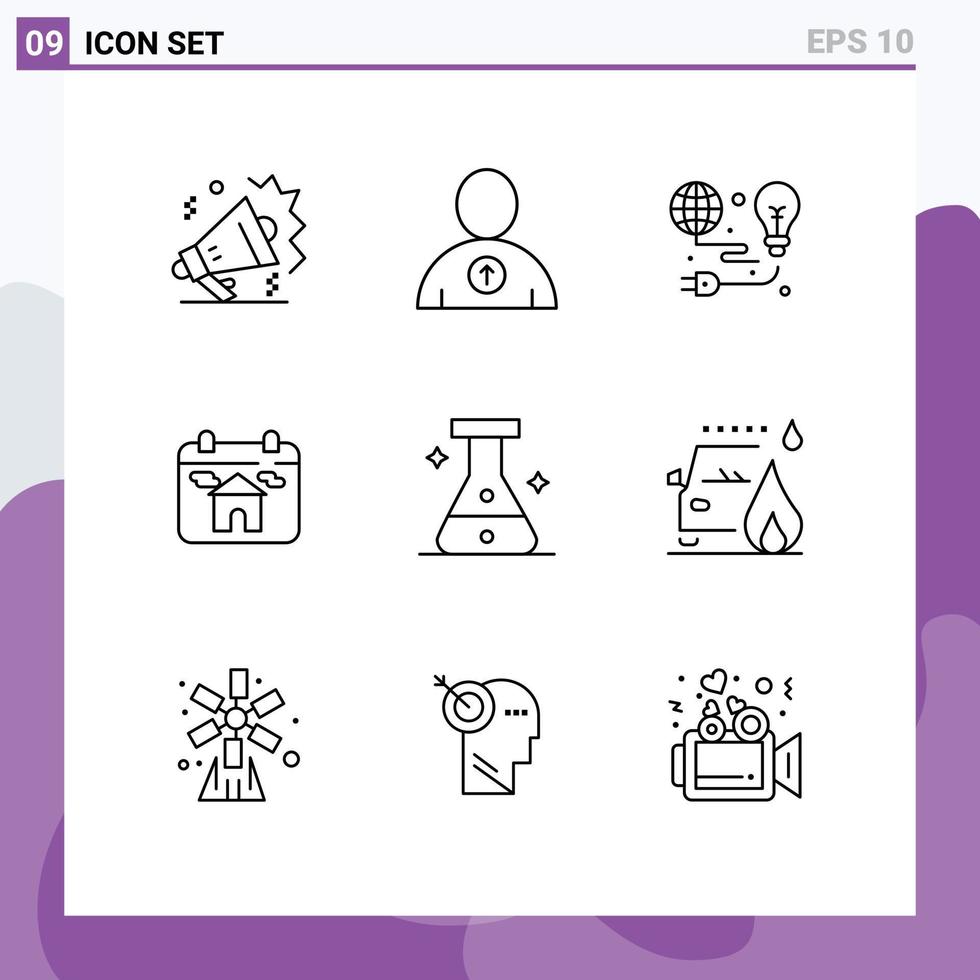 pack de lignes vectorielles modifiables de 9 contours simples d'éléments de conception vectoriels modifiables du calendrier de la maison verte de la maison médicale vecteur