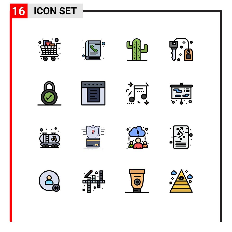 16 interface utilisateur pack de lignes remplies de couleurs plates de signes et symboles modernes de serrure serrure annuaire clé américain modifiable éléments de conception de vecteur créatif