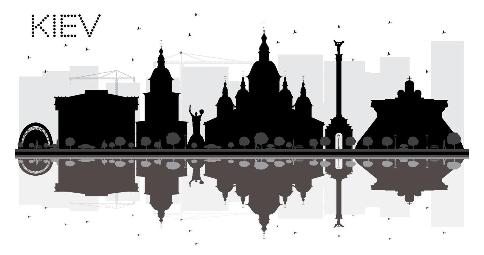 silhouette noir et blanc sur les toits de la ville de kiev avec reflets. vecteur