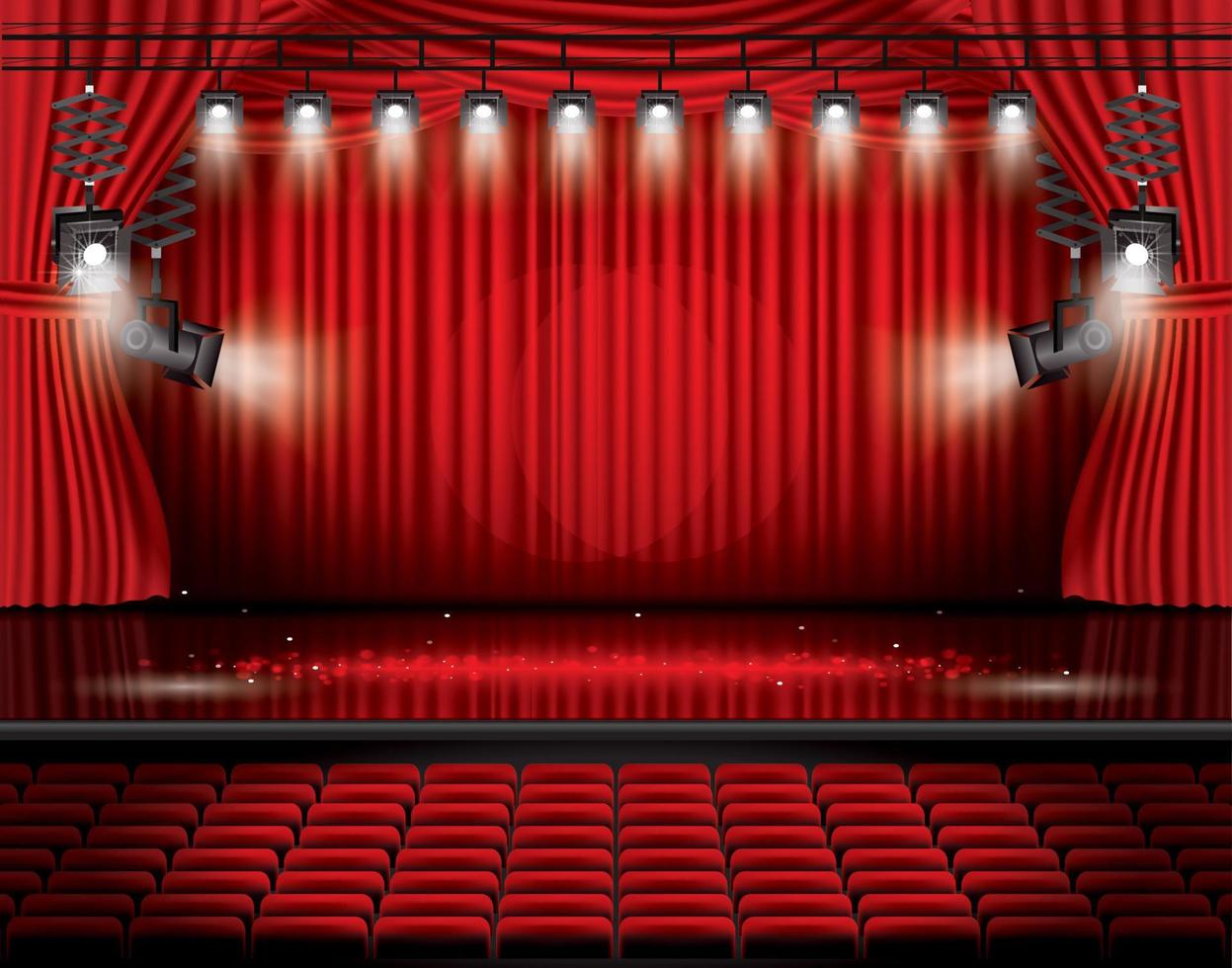 rideau de scène rouge avec projecteurs, sièges et espace de copie. vecteur