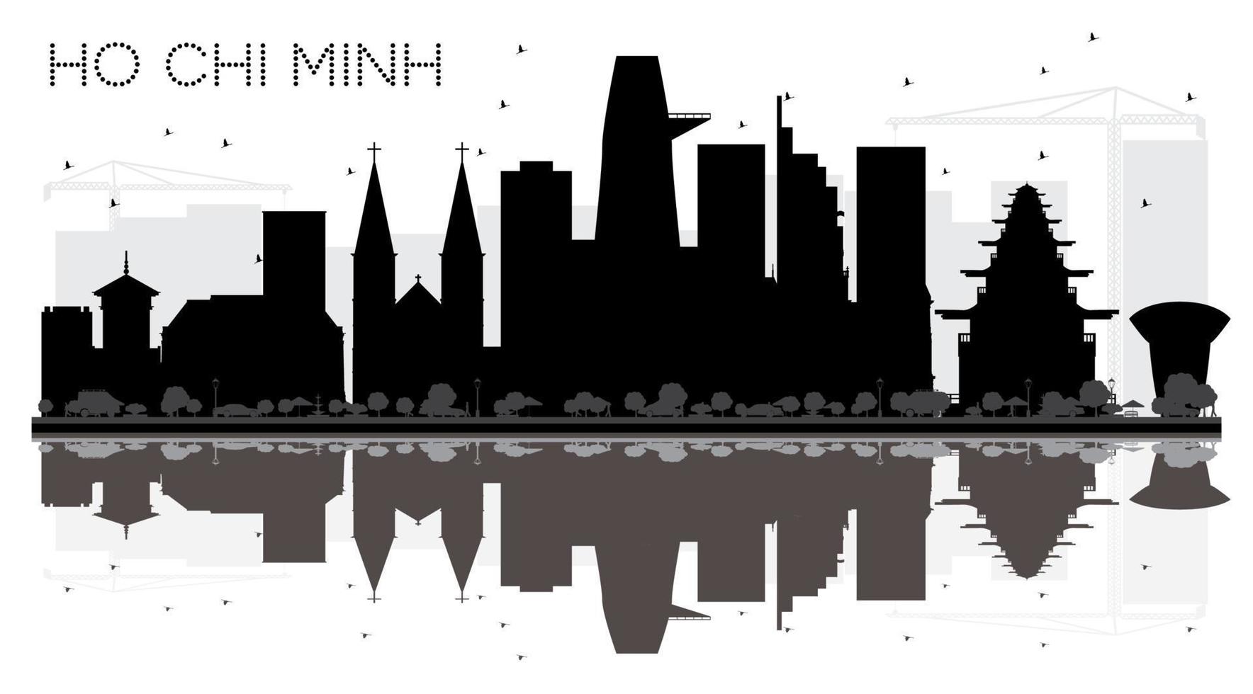 ho chi minh city skyline silhouette noire et blanche avec des reflets. vecteur