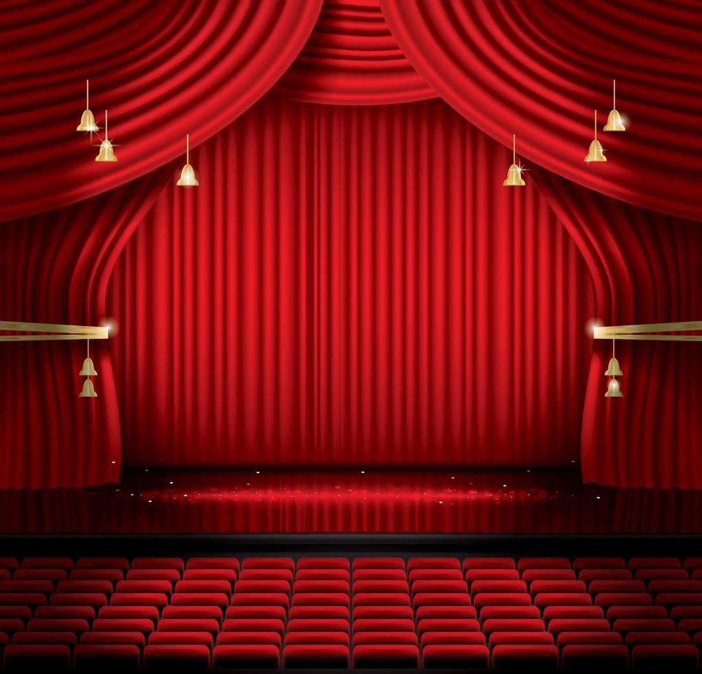 rideau de scène rouge avec sièges et espace de copie. vecteur