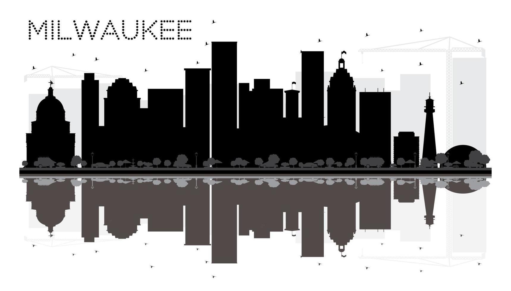 silhouette noire et blanche des toits de la ville de milwaukee avec des reflets. vecteur