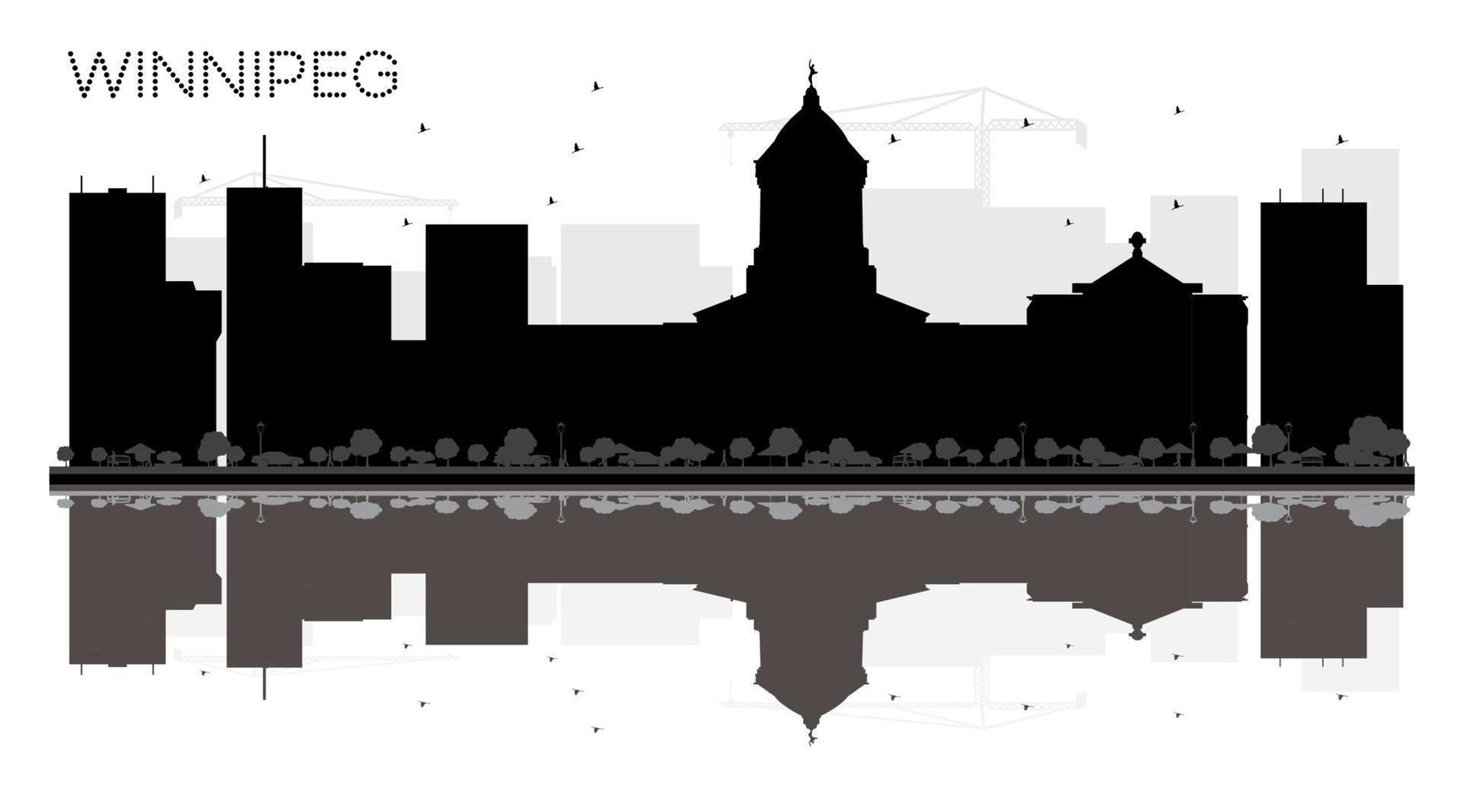 silhouette noir et blanc sur les toits de la ville de winnipeg avec des reflets. vecteur