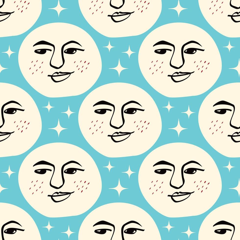drôle de motif amusant de lune avec un visage souriant. illustration dans le style de griffonnage vecteur