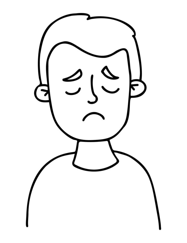 visage garçon triste. portrait d'un enfant bouleversé aux yeux fermés. doodle de dessin à la main linéaire vectoriel. visage de bébé masculin avatar pour la conception, la décoration, les médias sociaux. vecteur