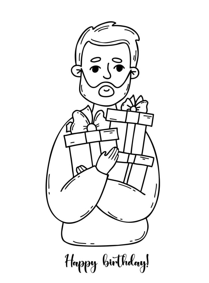 homme barbu avec des boîtes de cadeaux. dessin à la main linéaire vectoriel dans un style doodle. personnage festif masculin avec texte joyeux anniversaire.