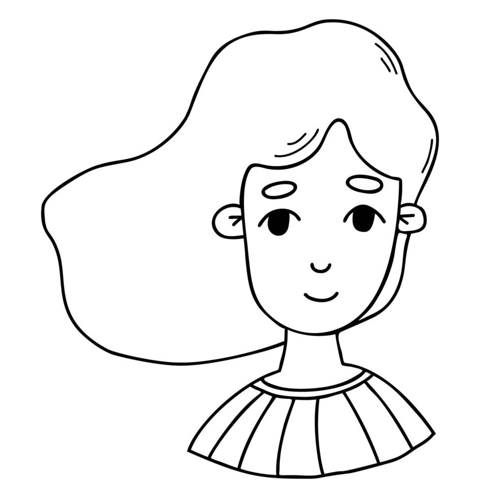 jolie fille aux cheveux flottants. portrait de femme dans le style de dessin animé doodle. dessin à la main linéaire vectoriel. avatar de visage de femme. vecteur