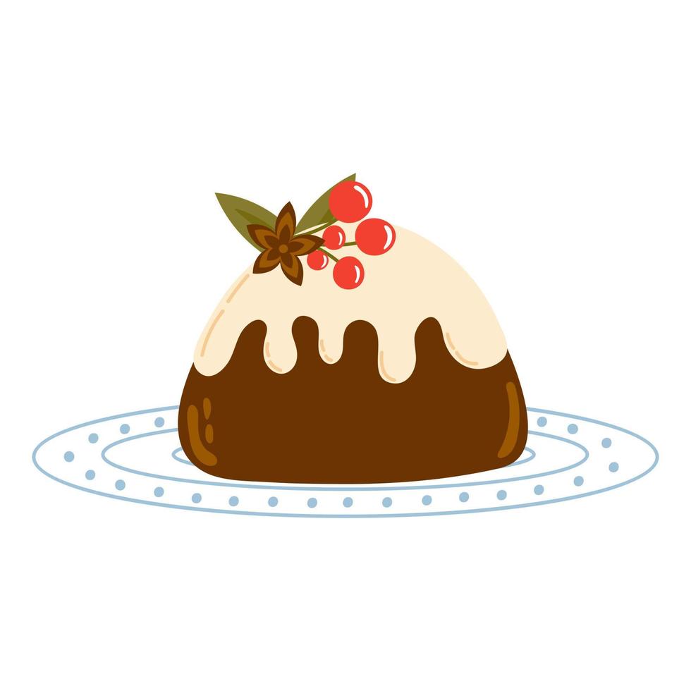 Pudding de Noël confortable avec des baies sur plaque isolé sur fond blanc, dessert de tarte de vacances d'hiver vecteur